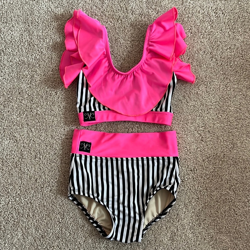 Kandi Kouture Two-Piece Dance Outfit. Pink, black, and white. Child Small.